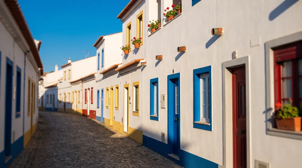 Rua de casas caiadas com aros de portas coloridos e pequenas saídas de fumos nas paredes