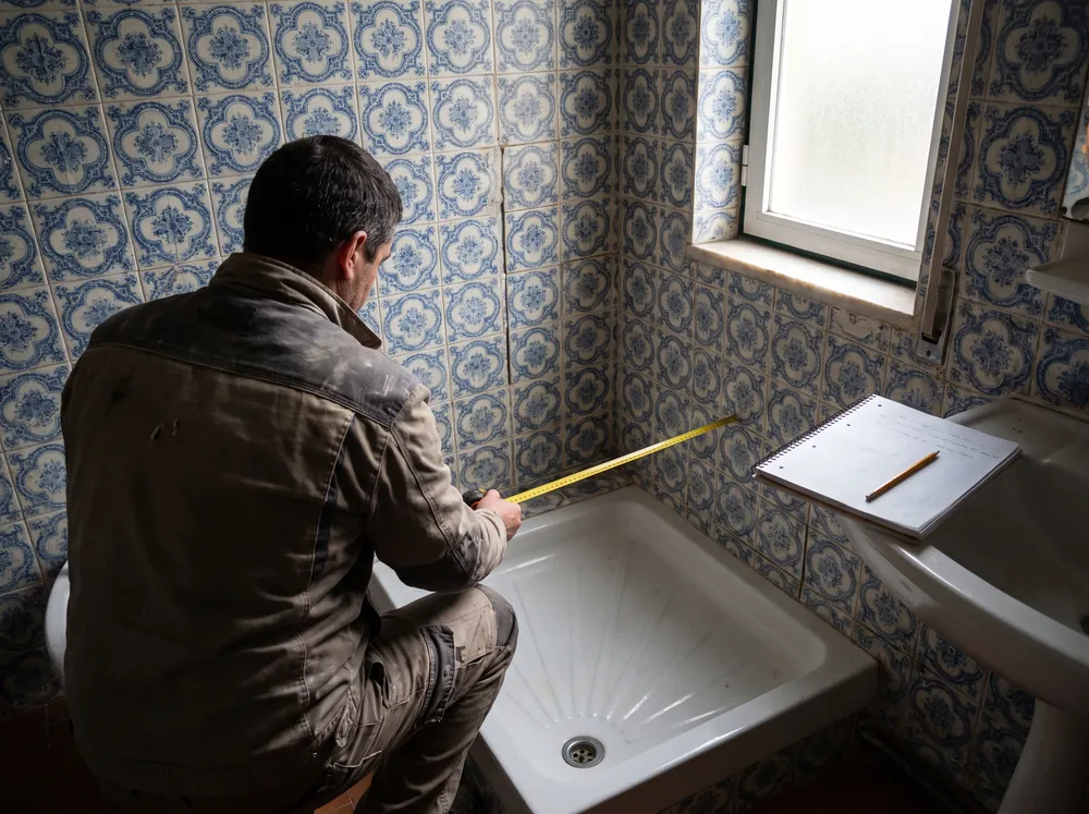 Técnico a medir com fita métrica o espaço de uma cabine de duche numa casa de banho