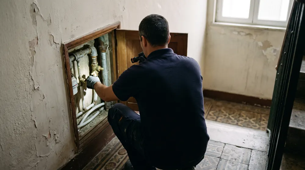Canalizador a fechar a válvula de corte no patamar de um prédio antigo
