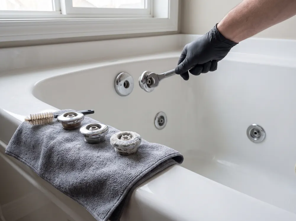 Jactos de um jacuzzi em funcionamento durante o teste final da reparação